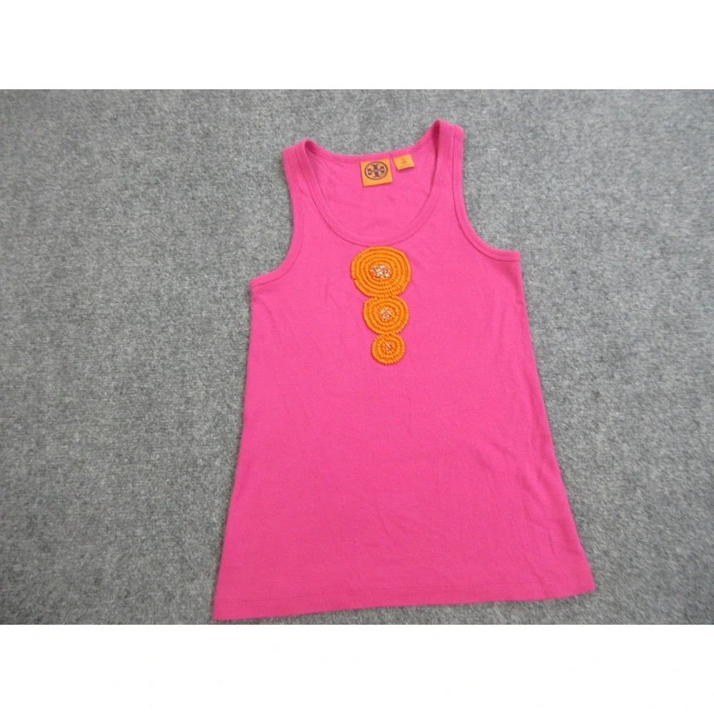 Tory Burch Tank Top Womens XS Pink 100% Cotton Beaded Rhinestone Scoop Neck